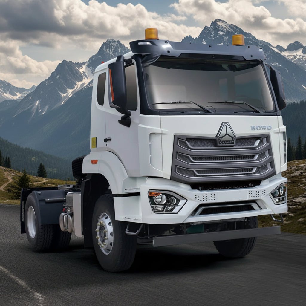 White truck with a mountainous landscape in the background