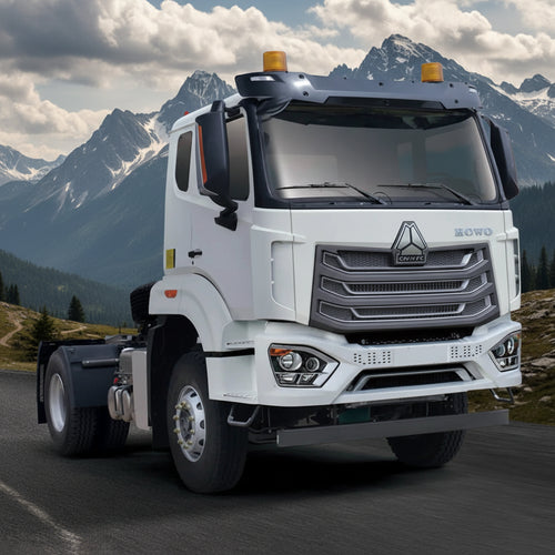 White truck with a mountainous landscape in the background